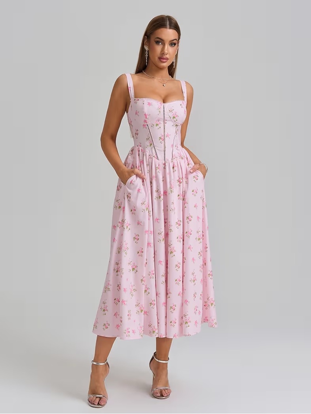 Floral Corset Midi Dress Flowy Slit Sundress with Pockets Size XS NWT